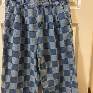 Checkerboard Wide-Leg Jeans - Blue